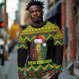 Black Jamaican Christmas Long Sleeve Shirt Reggae Lion With Kente Pattern