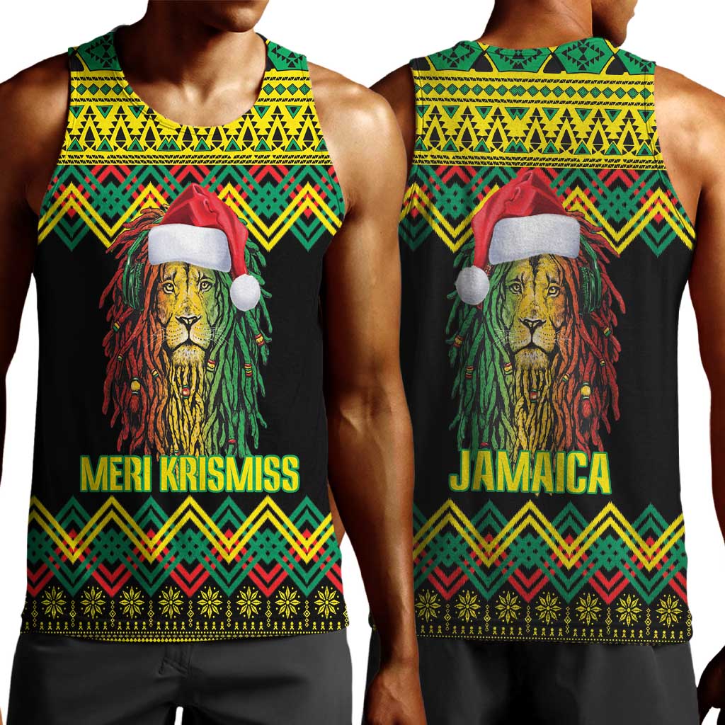 Black Jamaican Christmas Men Tank Top Reggae Lion With Kente Pattern