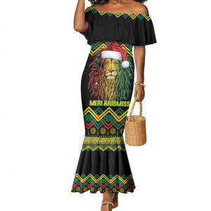 Black Jamaican Christmas Mermaid Dress Reggae Lion With Kente Pattern