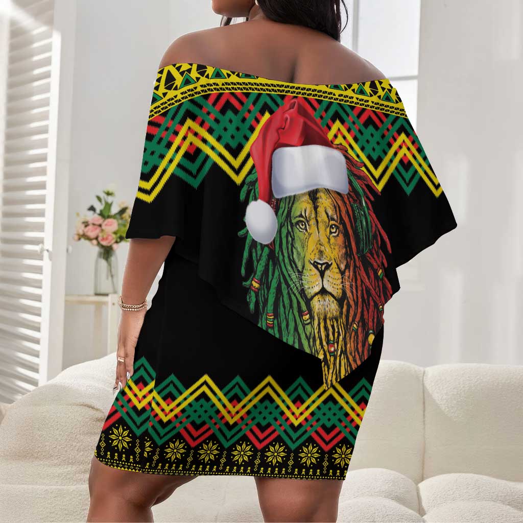 Black Jamaican Christmas Off Shoulder Short Dress Reggae Lion With Kente Pattern