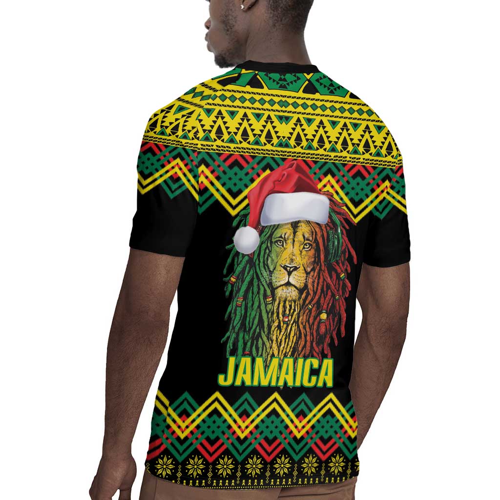 Black Jamaican Christmas Rugby Jersey Reggae Lion With Kente Pattern