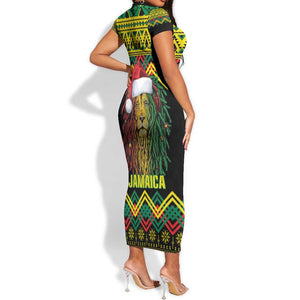 Black Jamaican Christmas Short Sleeve Bodycon Dress Reggae Lion With Kente Pattern LT18