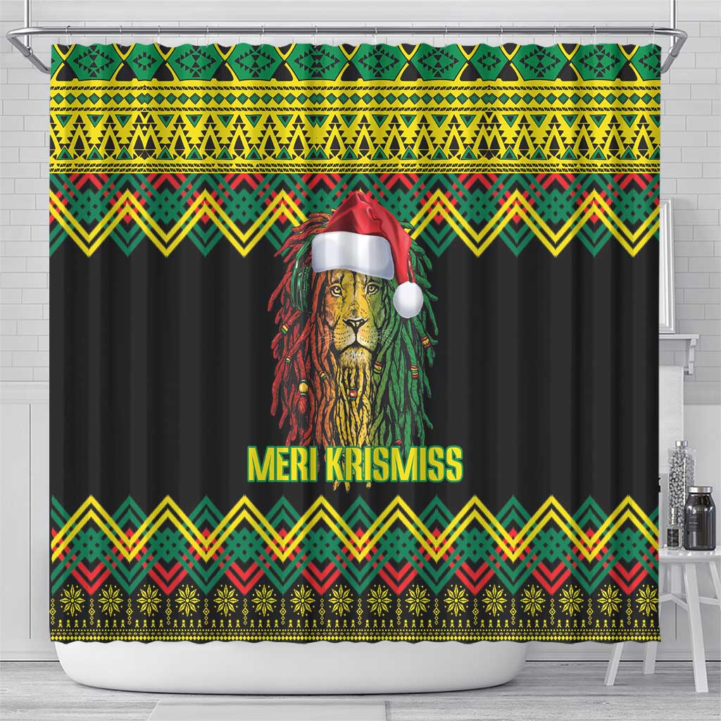 Black Jamaican Christmas Shower Curtain Reggae Lion With Kente Pattern