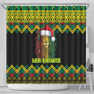 Black Jamaican Christmas Shower Curtain Reggae Lion With Kente Pattern