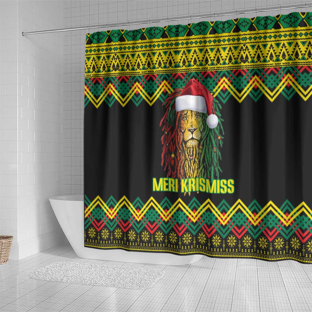 Black Jamaican Christmas Shower Curtain Reggae Lion With Kente Pattern