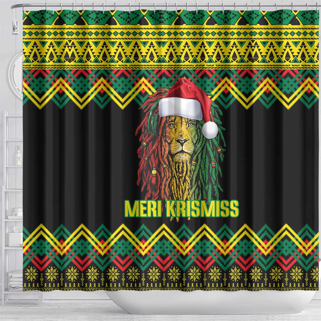 Black Jamaican Christmas Shower Curtain Reggae Lion With Kente Pattern