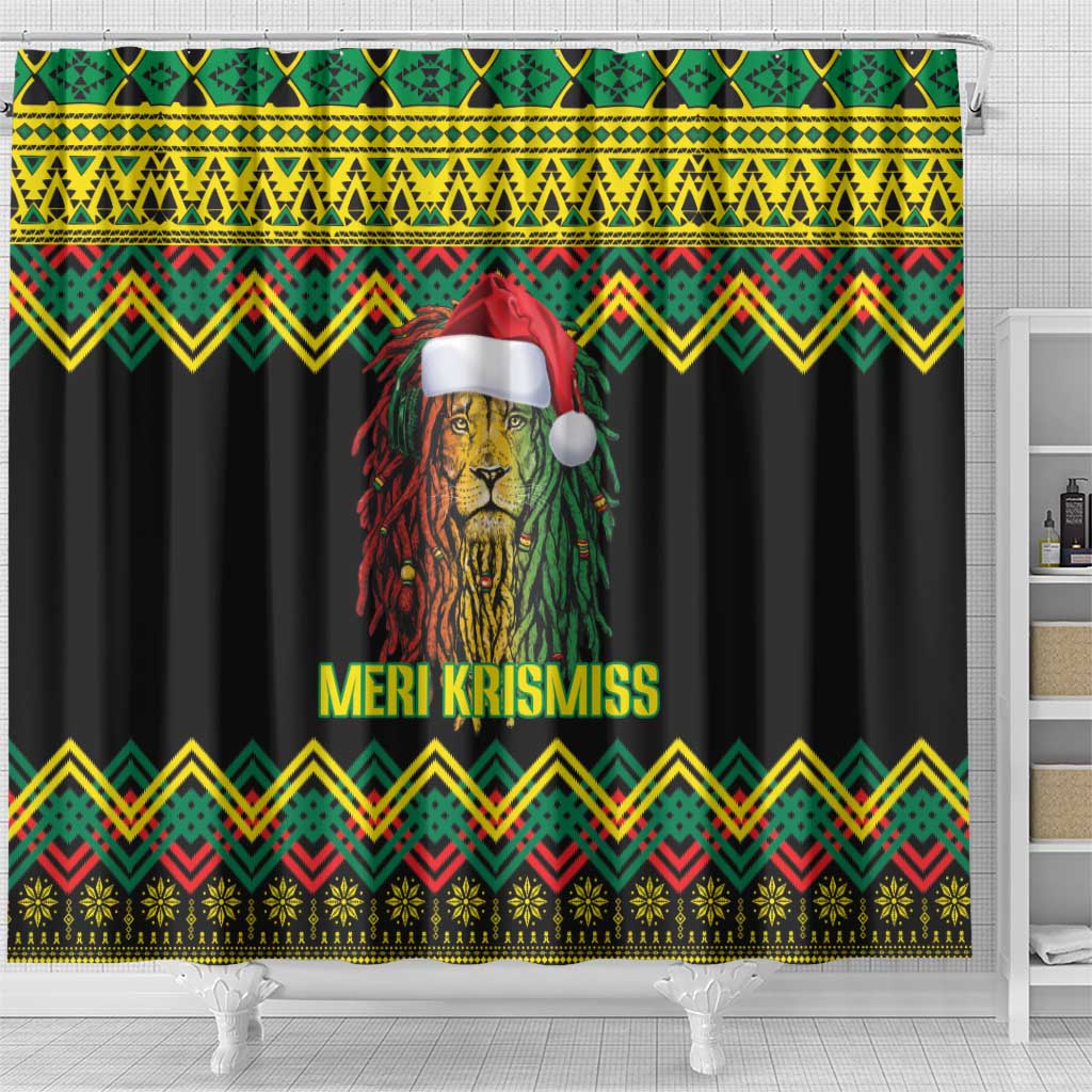 Black Jamaican Christmas Shower Curtain Reggae Lion With Kente Pattern