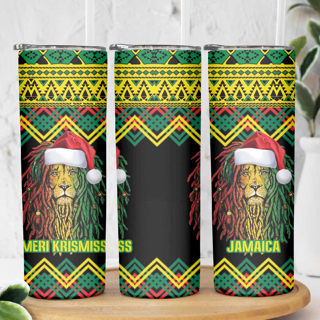 Black Jamaican Christmas Skinny Tumbler Reggae Lion With Kente Pattern