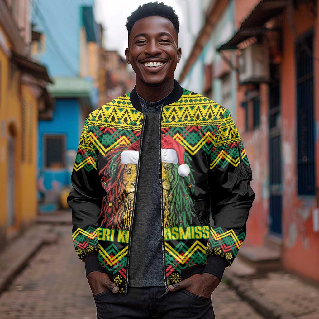 Black Jamaican Christmas Sleeve Zip Bomber Jacket Reggae Lion With Kente Pattern