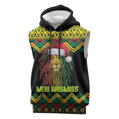 Black Jamaican Christmas Sleeveless Hoodie Reggae Lion With Kente Pattern - African Pride