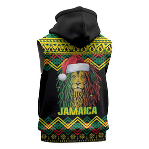 Black Jamaican Christmas Sleeveless Hoodie Reggae Lion With Kente Pattern - African Pride