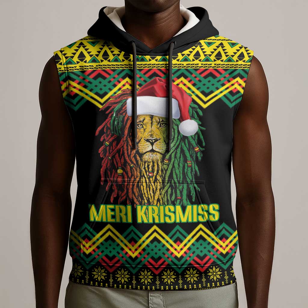 Black Jamaican Christmas Sleeveless Hoodie Reggae Lion With Kente Pattern - African Pride