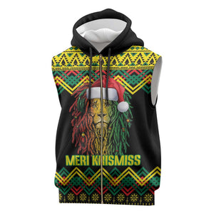 Black Jamaican Christmas Sleeveless Zip Hoodie Reggae Lion With Kente Pattern - African Pride