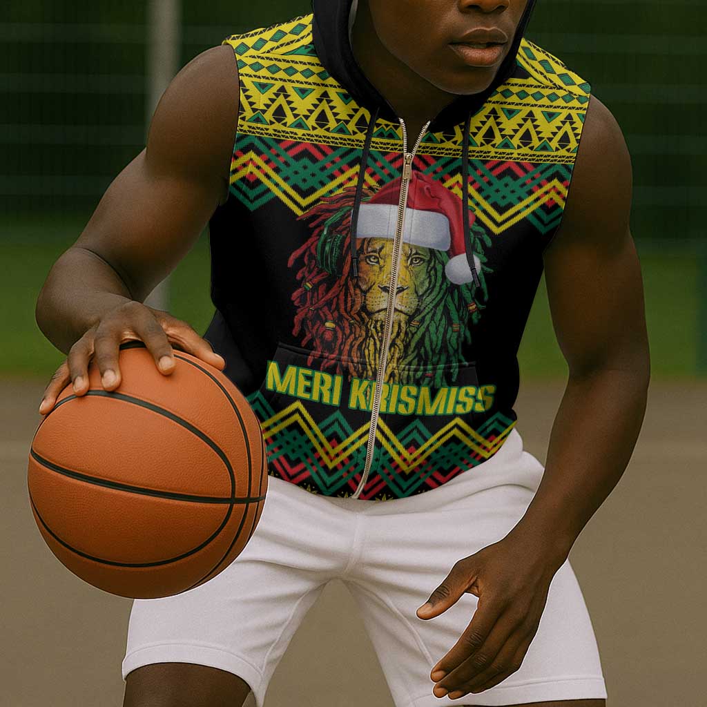 Black Jamaican Christmas Sleeveless Zip Hoodie Reggae Lion With Kente Pattern - African Pride