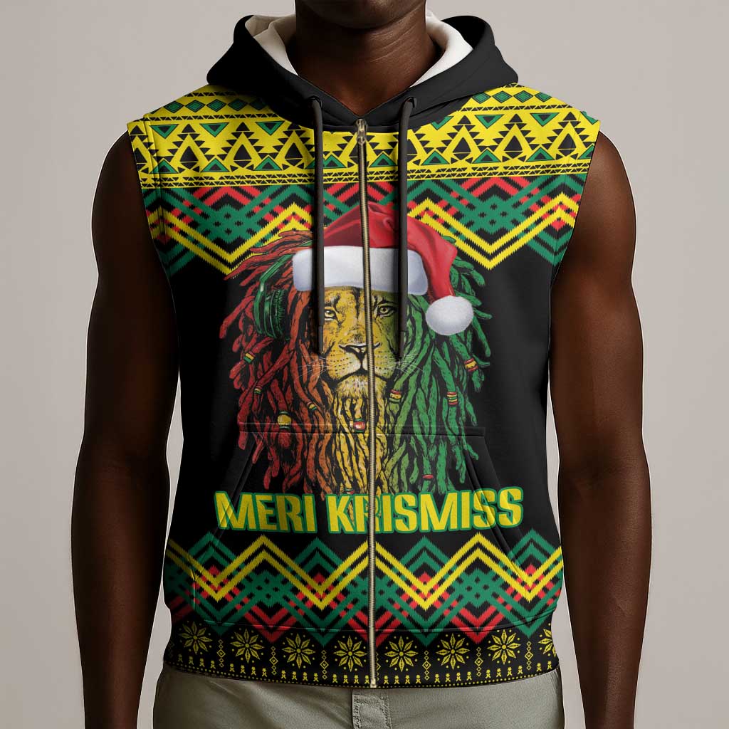 Black Jamaican Christmas Sleeveless Zip Hoodie Reggae Lion With Kente Pattern - African Pride
