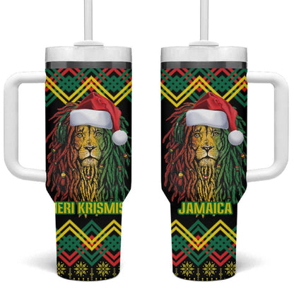 Black Jamaican Christmas Tumbler With Handle Reggae Lion With Kente Pattern