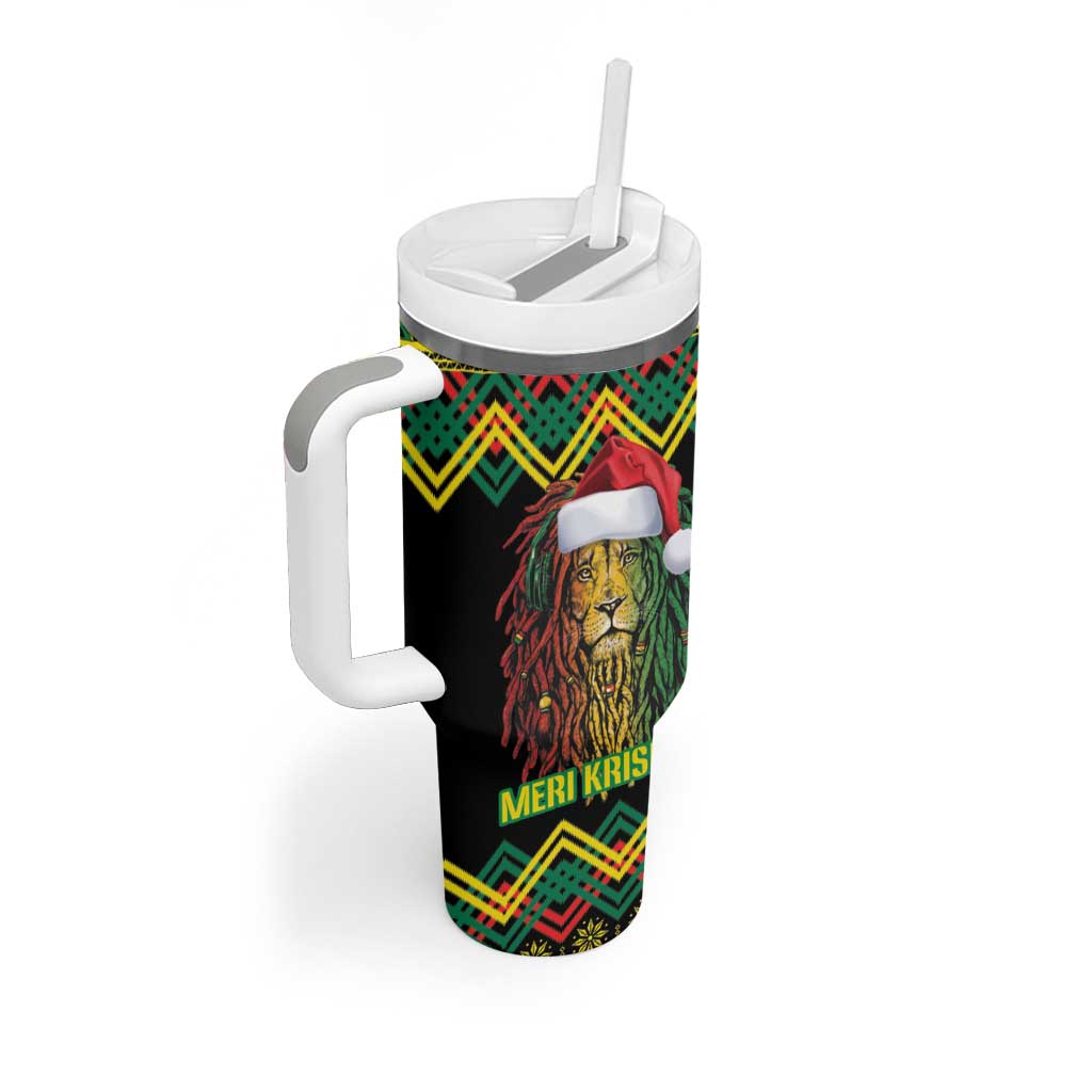 Black Jamaican Christmas Tumbler With Handle Reggae Lion With Kente Pattern