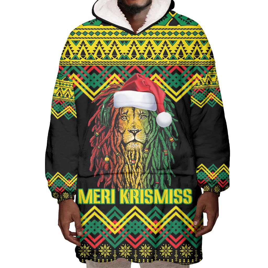 Black Jamaican Christmas Wearable Blanket Hoodie Reggae Lion With Kente Pattern