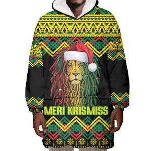 Black Jamaican Christmas Wearable Blanket Hoodie Reggae Lion With Kente Pattern