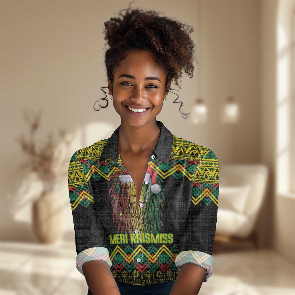 Black Jamaican Christmas Women Casual Shirt Reggae Lion With Kente Pattern LT18