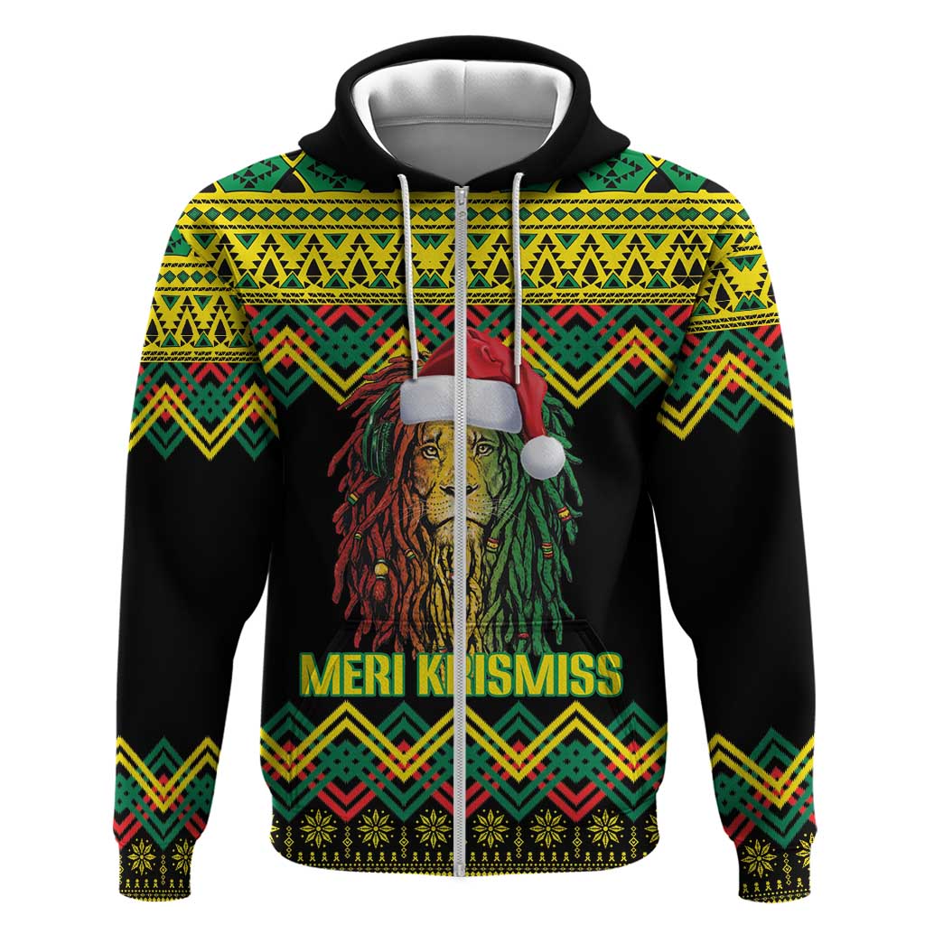 Black Jamaican Christmas Zip Hoodie Reggae Lion With Kente Pattern