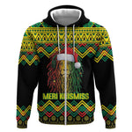 Black Jamaican Christmas Zip Hoodie Reggae Lion With Kente Pattern