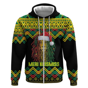 Black Jamaican Christmas Zip Hoodie Reggae Lion With Kente Pattern