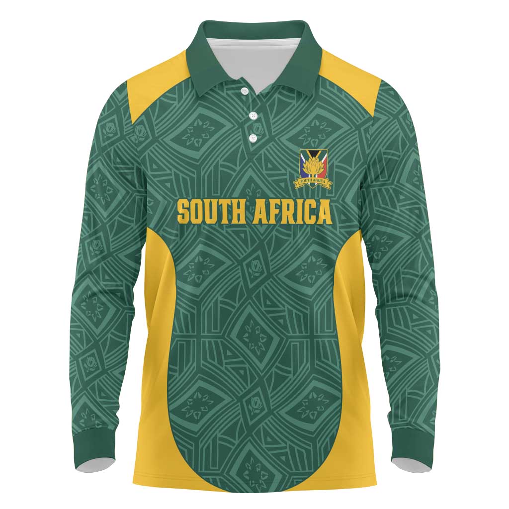Custom South Africa Soccer Long Sleeve Polo Shirt Bafana Bafana Spirit African Pattern - African Pride