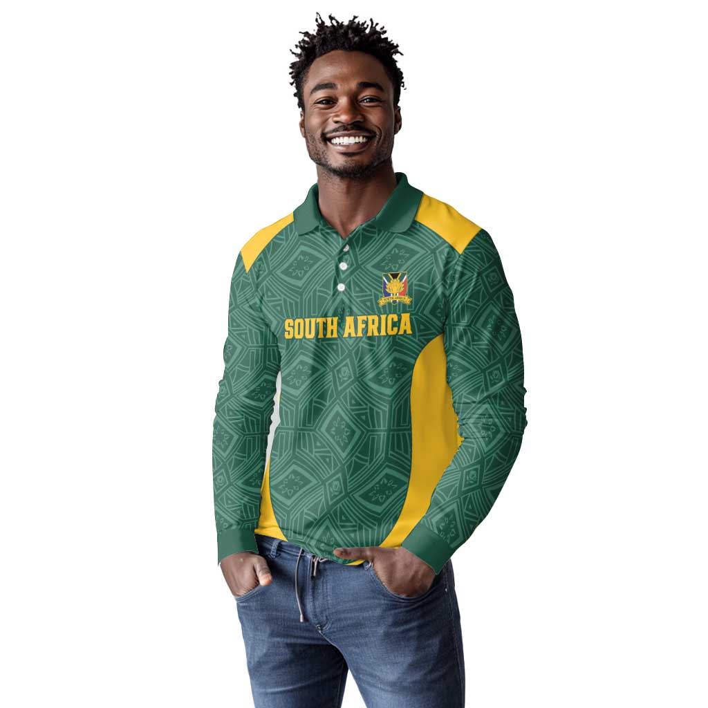 Custom South Africa Soccer Long Sleeve Polo Shirt Bafana Bafana Spirit African Pattern - African Pride