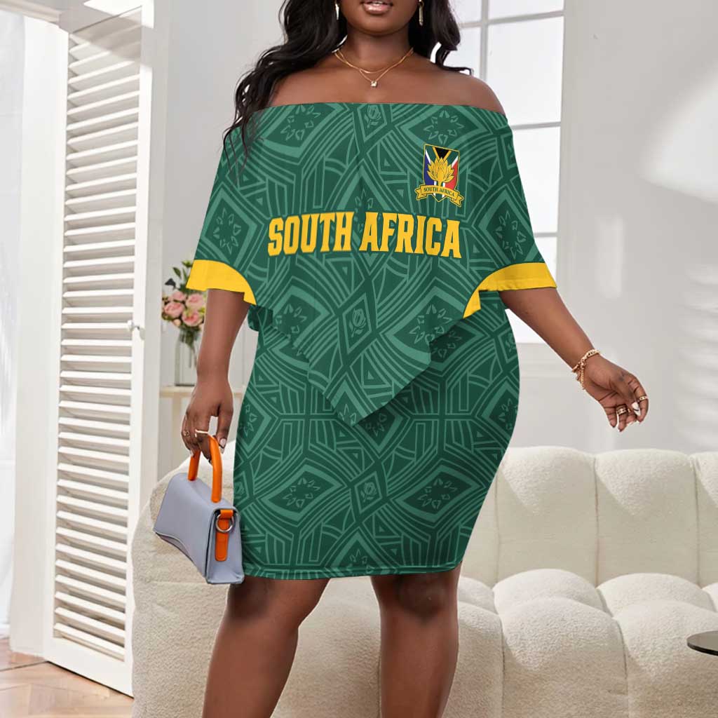 Custom South Africa Soccer Off Shoulder Short Dress Bafana Bafana Spirit African Pattern - African Pride