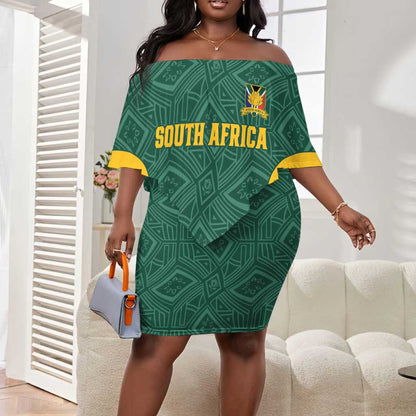 Custom South Africa Soccer Off Shoulder Short Dress Bafana Bafana Spirit African Pattern - African Pride