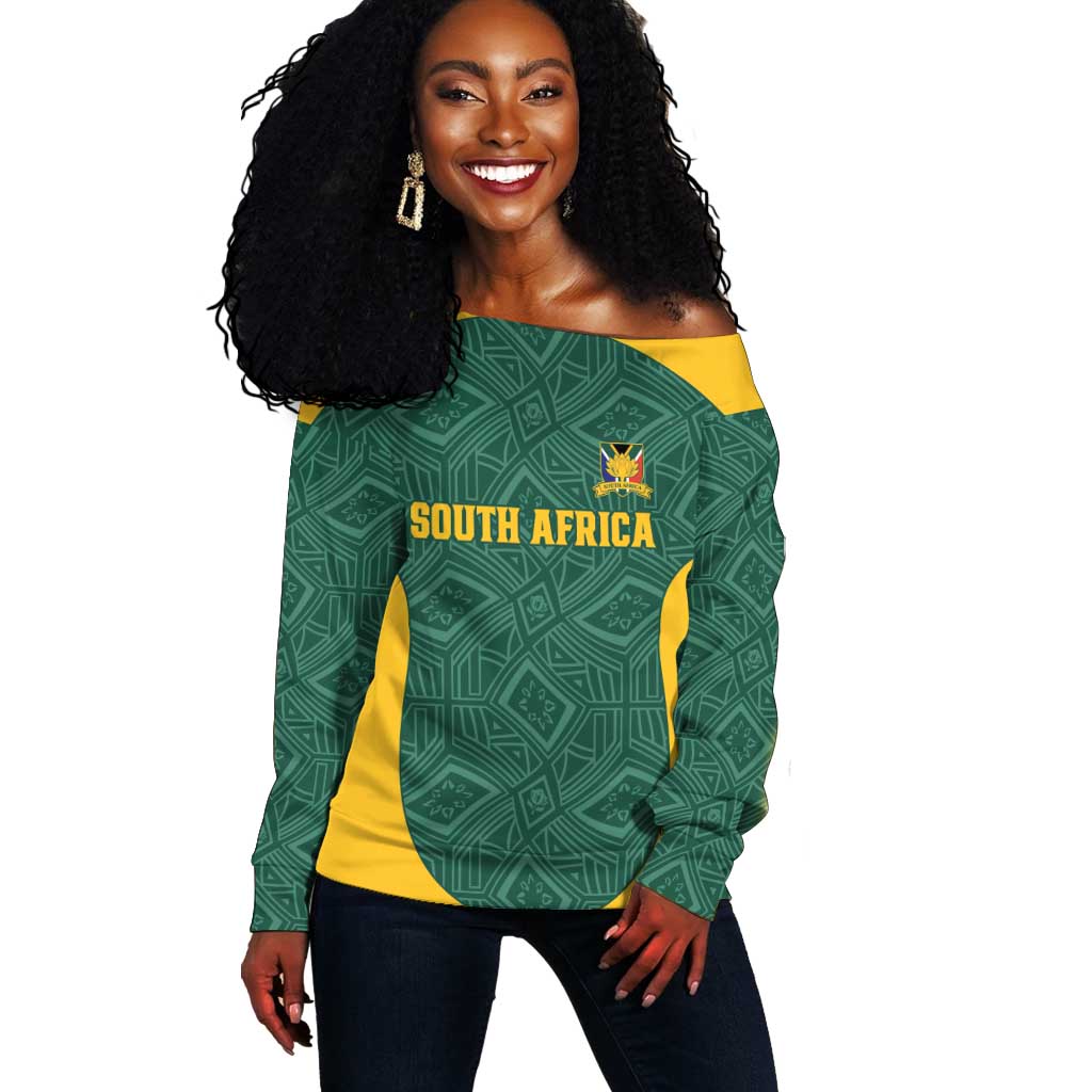 Custom South Africa Soccer Off Shoulder Sweater Bafana Bafana Spirit African Pattern - African Pride