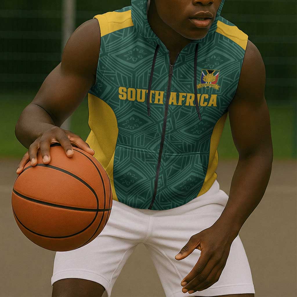 Custom South Africa Soccer Sleeveless Zip Hoodie Bafana Bafana Spirit African Pattern - African Pride