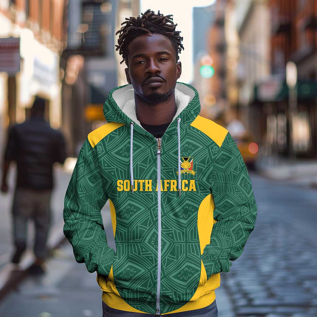Custom South Africa Soccer Zip Hoodie Bafana Bafana Spirit African Pattern - African Pride