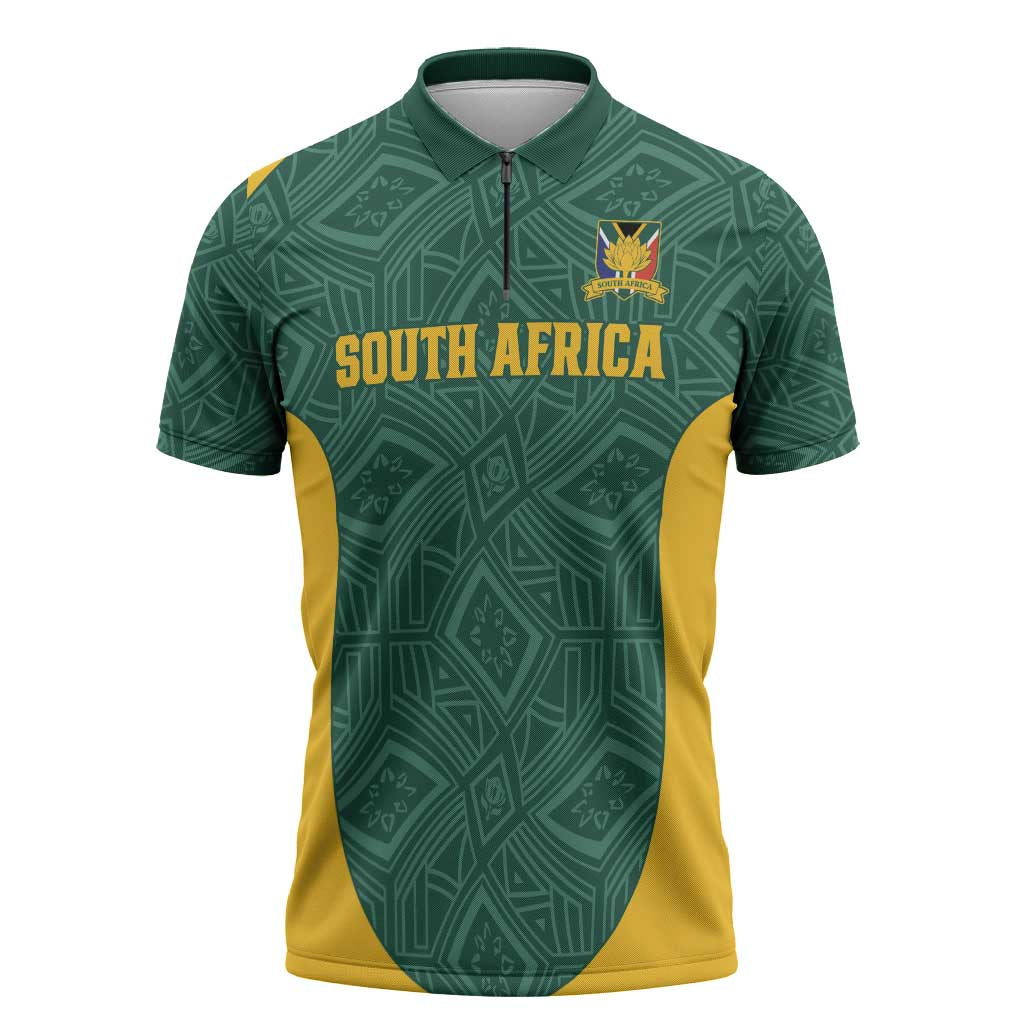 Custom South Africa Soccer Zipper Polo Shirt Bafana Bafana Spirit African Pattern - African Pride