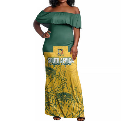 Custom South Africa Soccer Off Shoulder Maxi Dress From Protea Roots We Rise - African Pride
