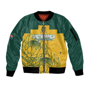 Custom South Africa Soccer Sleeve Zip Bomber Jacket From Protea Roots We Rise - African Pride