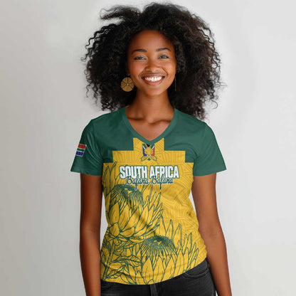 Custom South Africa Soccer Women V-Neck T-Shirt From Protea Roots We Rise - African Pride