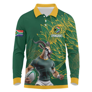 Rugby South Africa Champion Custom Long Sleeve Polo Shirt Springboks Mascot - African Pride