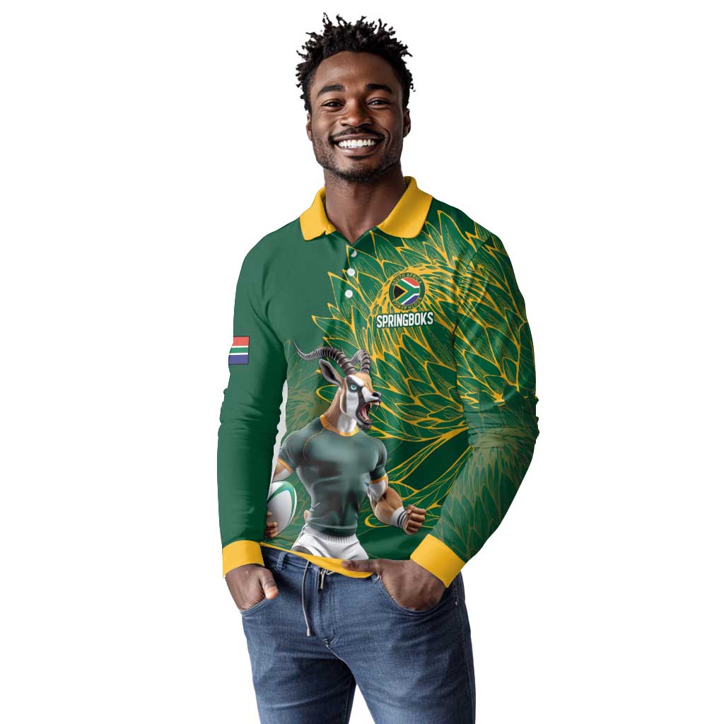 Rugby South Africa Champion Custom Long Sleeve Polo Shirt Springboks Mascot - African Pride