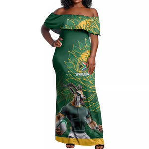 Rugby South Africa Champion Custom Off Shoulder Maxi Dress Springboks Mascot - African Pride