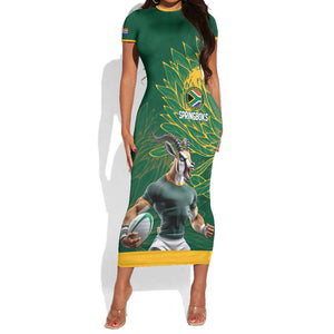 Rugby South Africa Champion Custom Short Sleeve Bodycon Dress Springboks Mascot - African Pride
