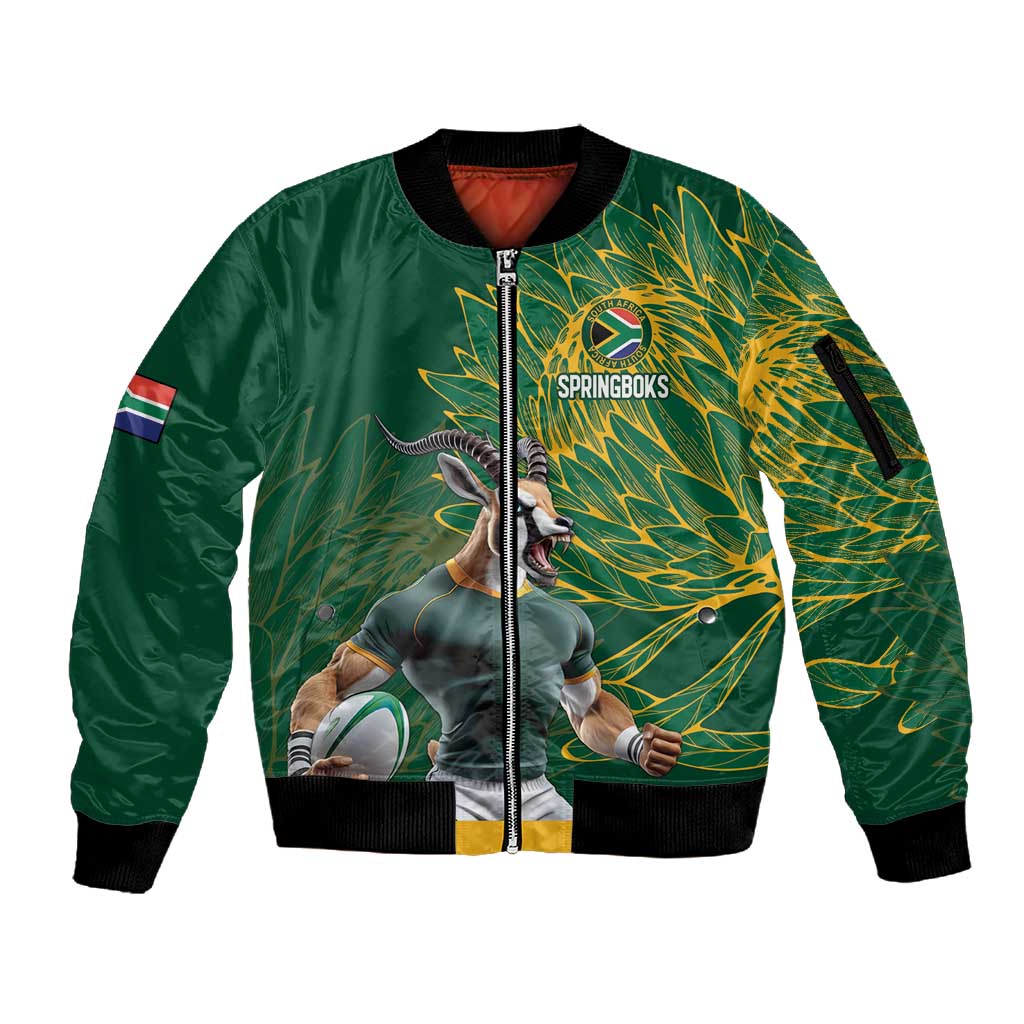 Rugby South Africa Champion Custom Sleeve Zip Bomber Jacket Springboks Mascot - African Pride