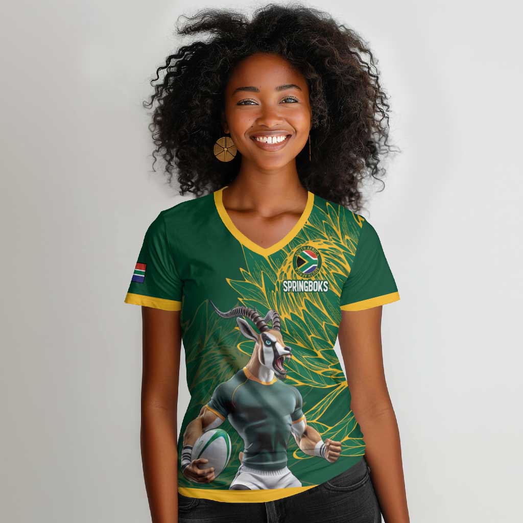 Rugby South Africa Champion Custom Women V-Neck T-Shirt Springboks Mascot - African Pride