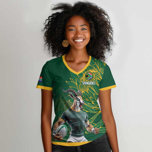Rugby South Africa Champion Custom Women V-Neck T-Shirt Springboks Mascot - African Pride