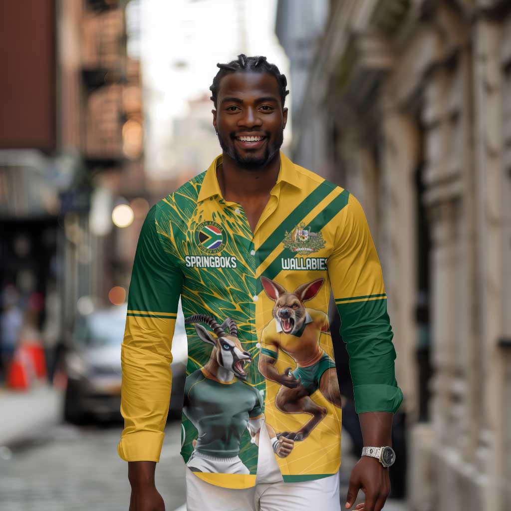 South Africa Australia Rugby Champion Personalized Long Sleeve Button Shirt Springboks Wallabies Mascot - African Pride