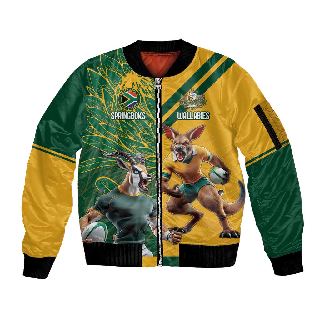 South Africa Australia Rugby Champion Personalized Sleeve Zip Bomber Jacket Springboks Wallabies Mascot - African Pride