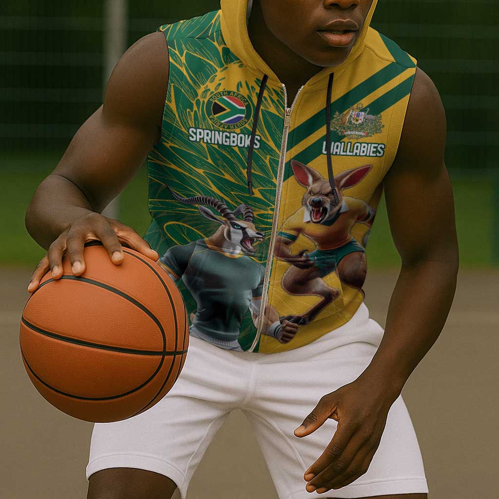 South Africa Australia Rugby Champion Personalized Sleeveless Zip Hoodie Springboks Wallabies Mascot - African Pride