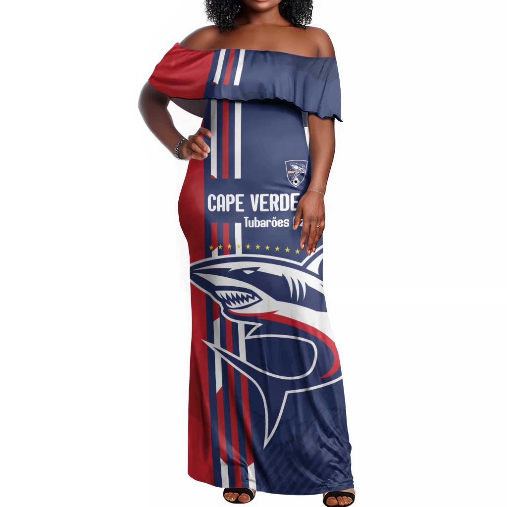 Cape Verde Football Pride Custom Off Shoulder Maxi Dress Tubaroes Azuis Champion - African Pride