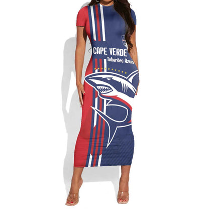 Cape Verde Football Pride Custom Short Sleeve Bodycon Dress Tubaroes Azuis Champion - African Pride